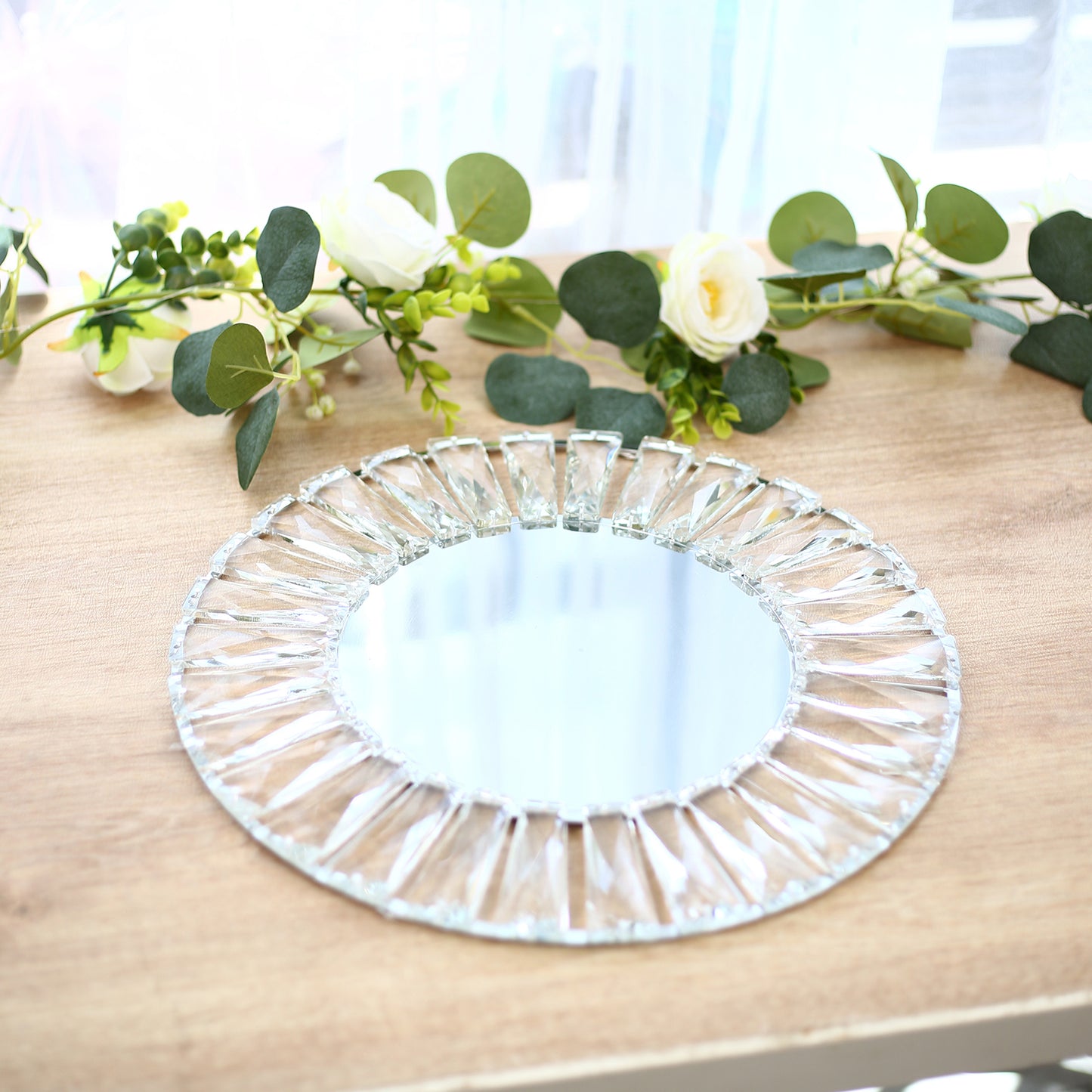 2 Pack 14" Crystal Pendant Metal Charger Plates – Silver Mirror Glass Decorative Round Table Charger