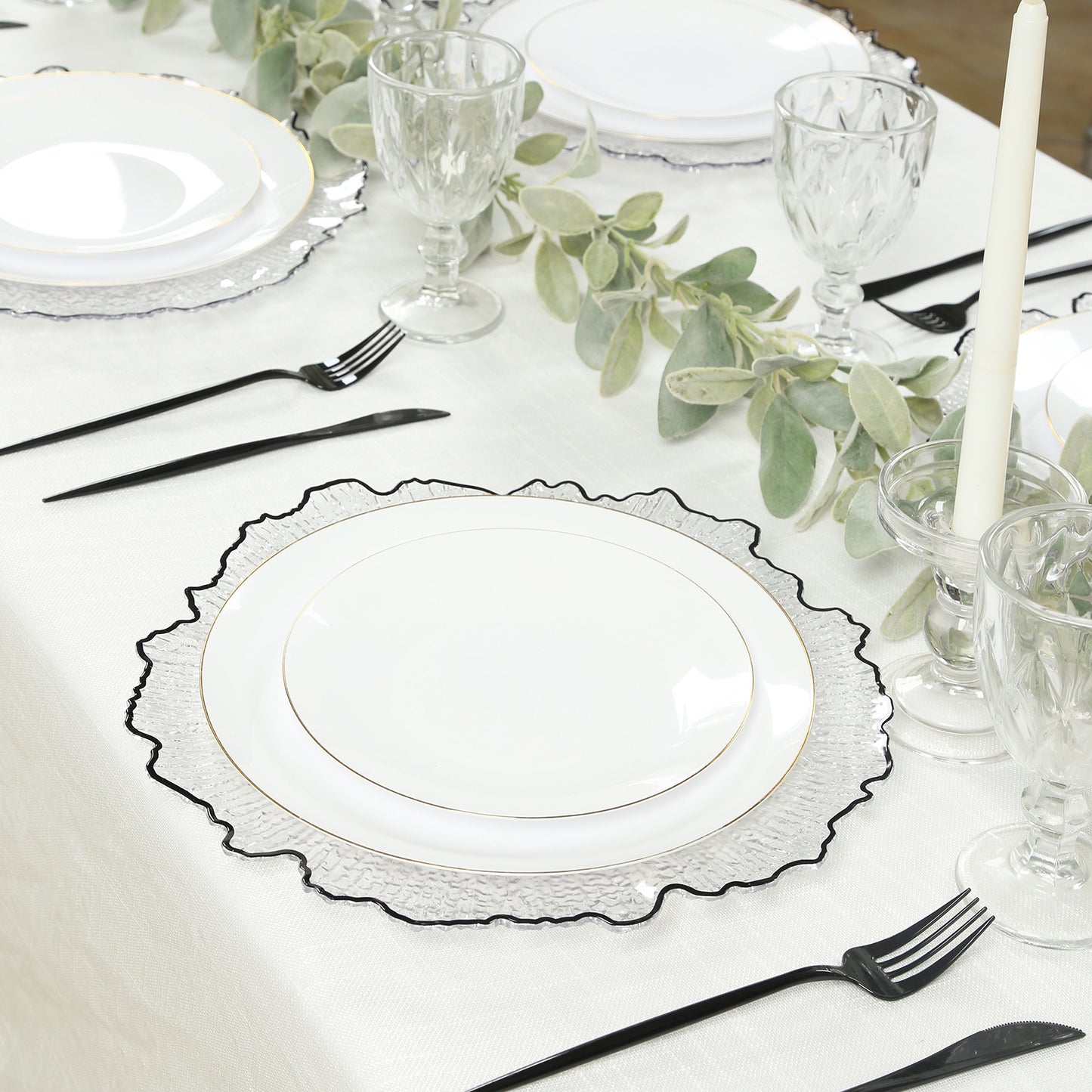 6-Pack Plastic Round Charger Plates 13" in Clear Reef Design with Black Rim, Decorative Dinner Party Serving Plates