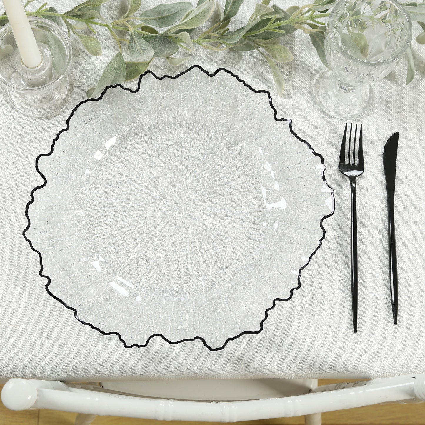 6-Pack Plastic Round Charger Plates 13" in Clear Reef Design with Black Rim, Decorative Dinner Party Serving Plates