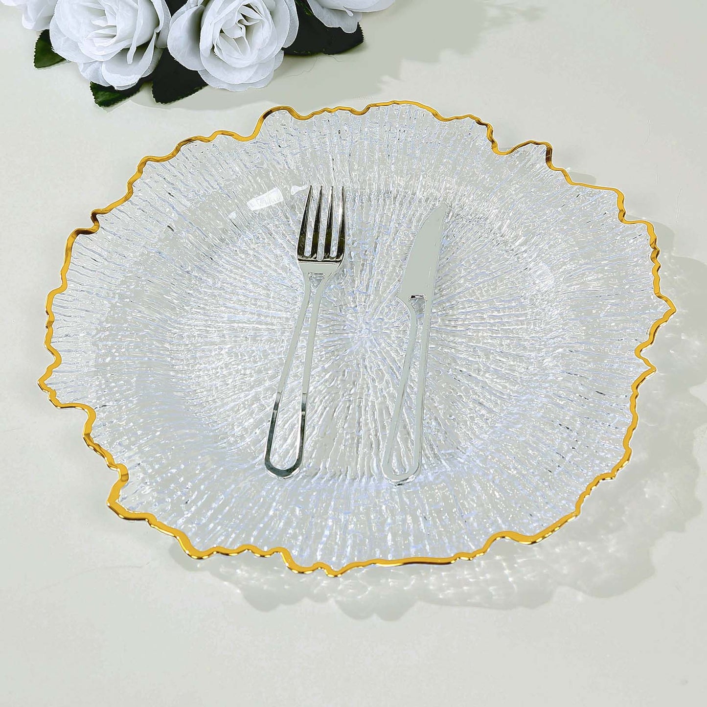 6 Pack 13" Clear Round Reef Acrylic Plastic Charger Plates With Gold Rim, Dinner Charger Plates