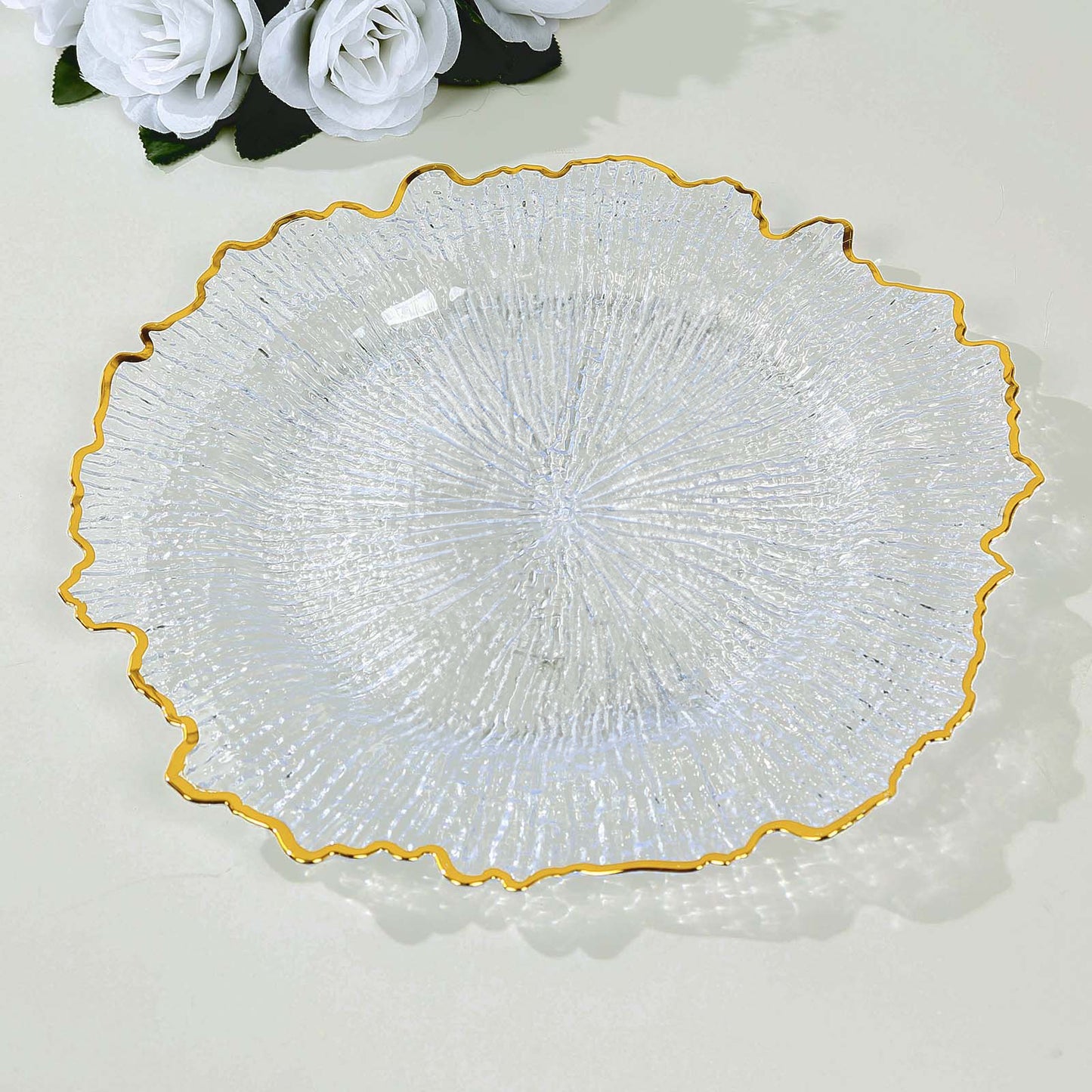 6 Pack 13" Clear Round Reef Acrylic Plastic Charger Plates With Gold Rim, Dinner Charger Plates