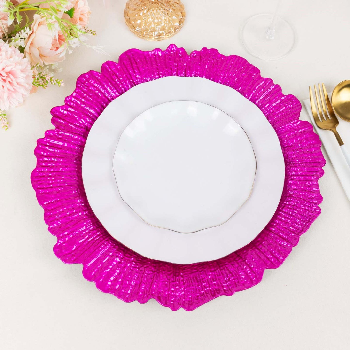 6 Pack 13" Fuchsia Round Reef Acrylic Plastic Charger Plates, Dinner Charger Plates