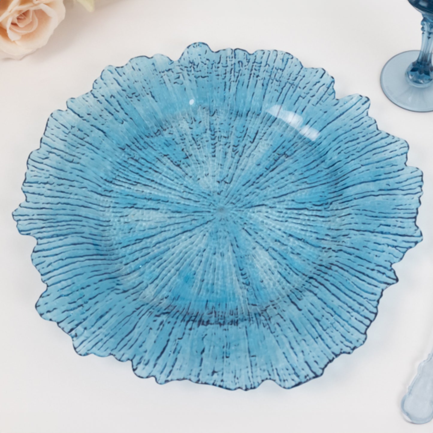 6 Pack 13" Transparent Dusty Blue Round Reef Acrylic Plastic Charger Plates, Dinner Charger Plates