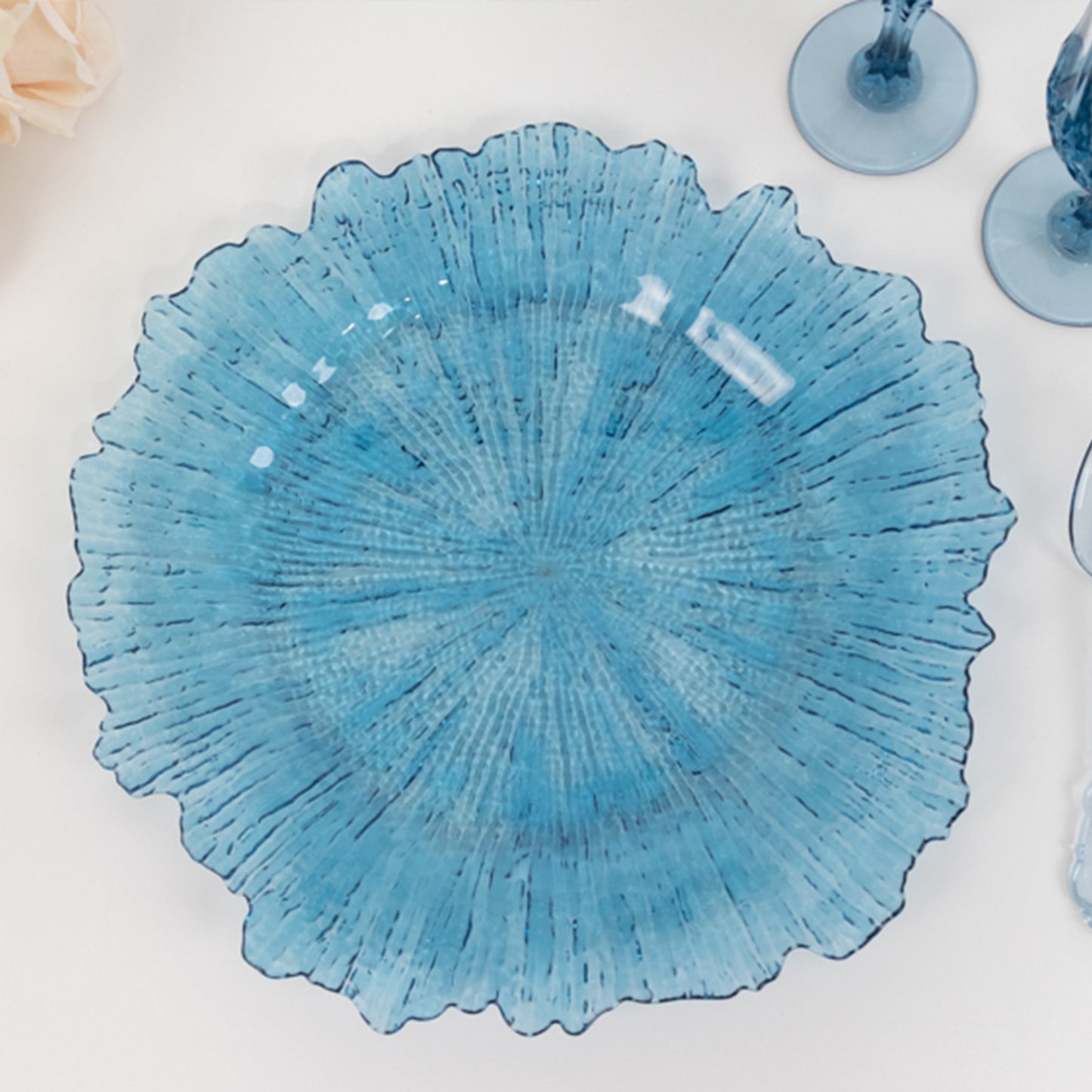 6 Pack 13" Transparent Dusty Blue Round Reef Acrylic Plastic Charger Plates, Dinner Charger Plates