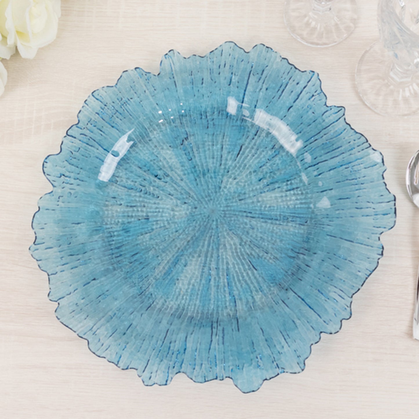 6 Pack 13" Transparent Dusty Blue Round Reef Acrylic Plastic Charger Plates, Dinner Charger Plates