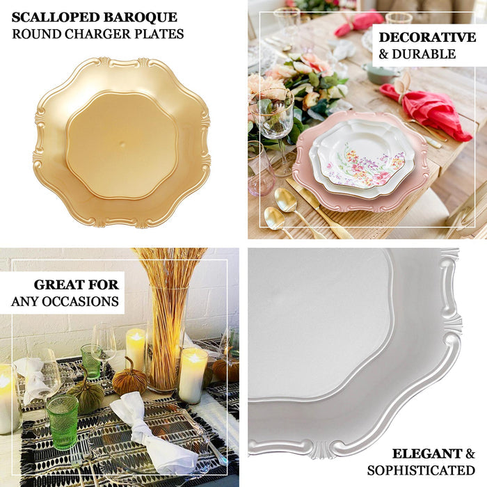 13" Clear / Gold Baroque Scalloped Acrylic Charger Plates, Hexagon Shape