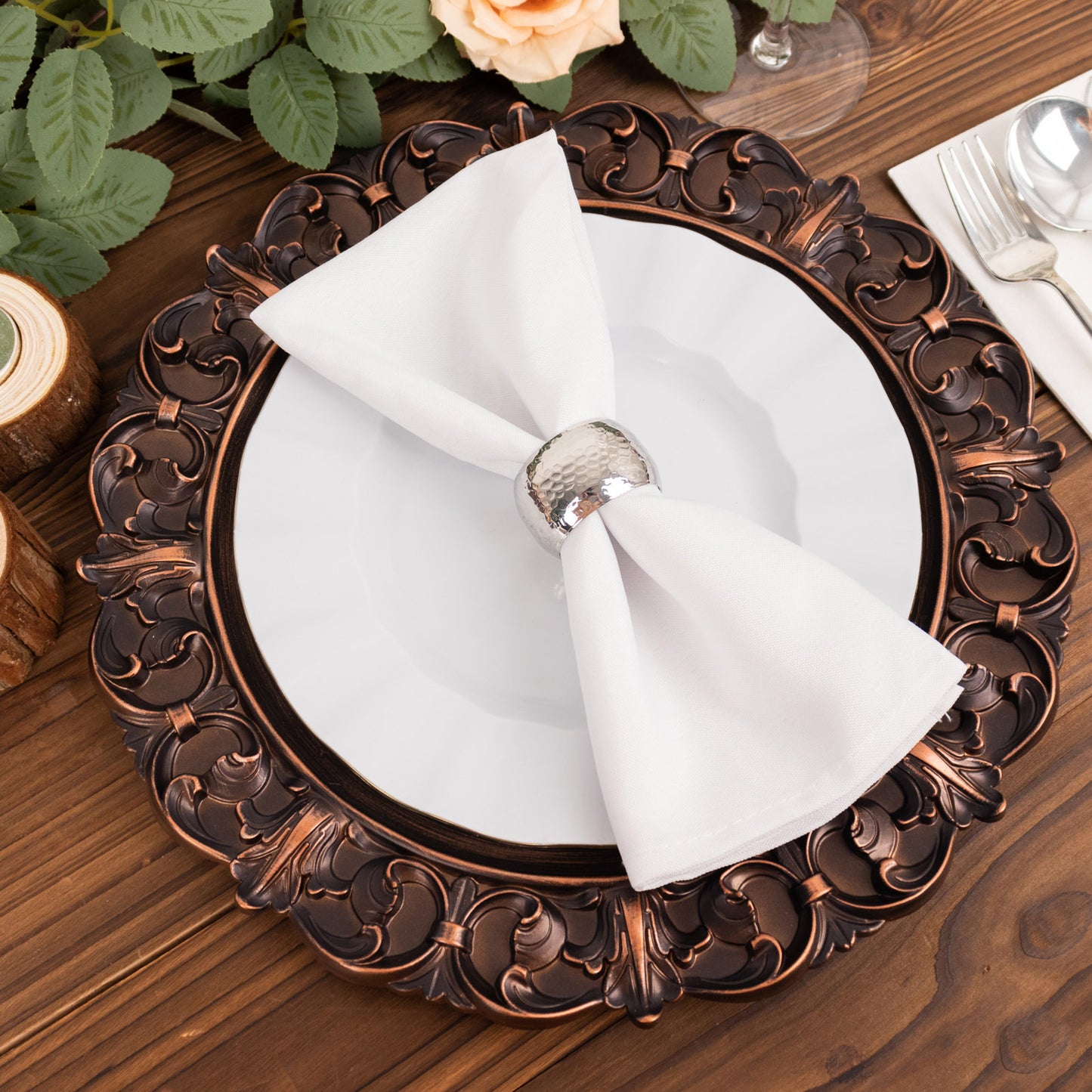 6 Pack Dark Brown Retro Baroque Acrylic Charger Plates With Ornate Embossed Rim, 13" Round Aristocrat Style Plastic Serving Plates