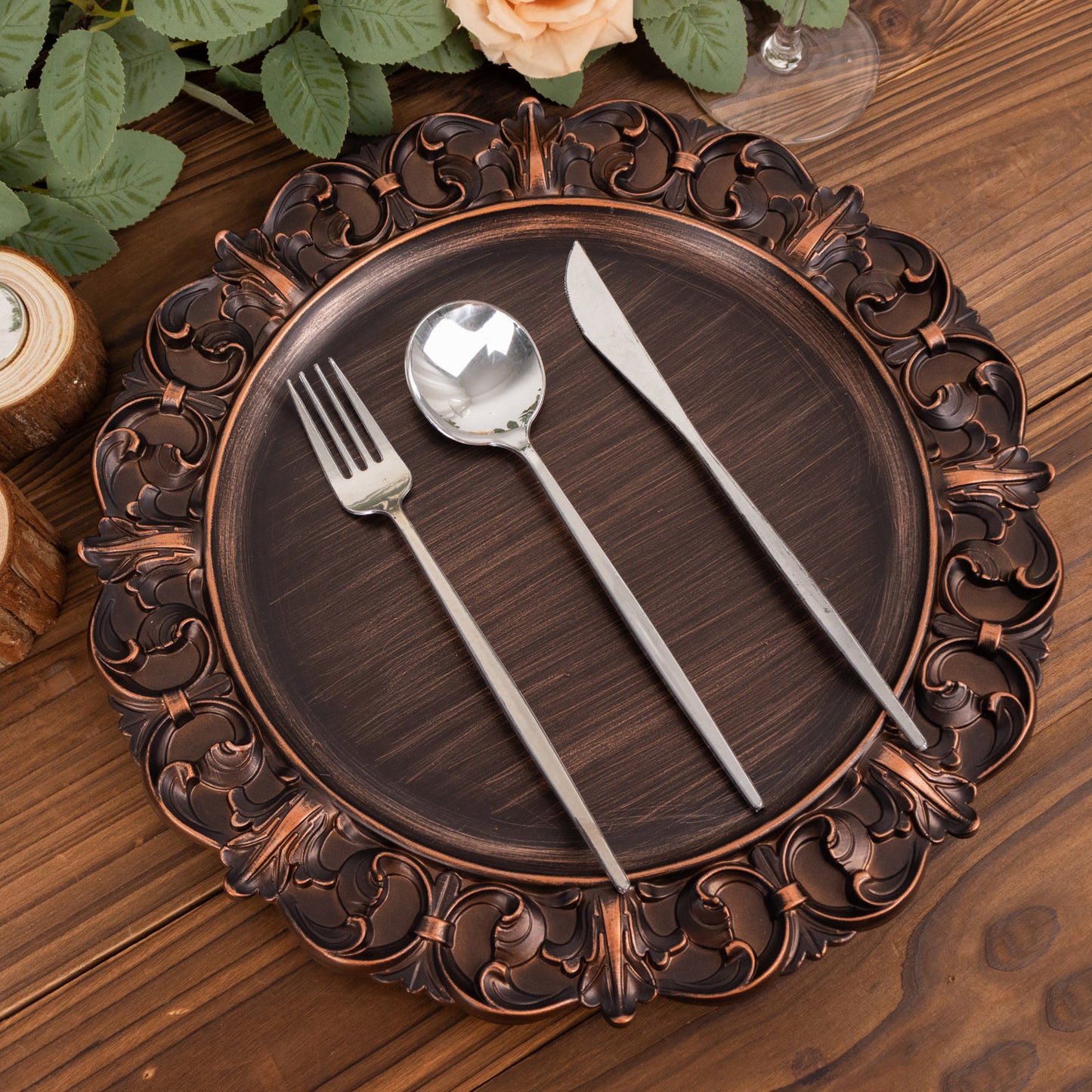 6 Pack Dark Brown Retro Baroque Acrylic Charger Plates With Ornate Embossed Rim, 13" Round Aristocrat Style Plastic Serving Plates