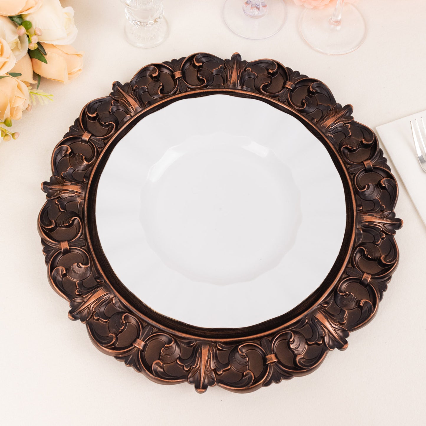 6 Pack Dark Brown Retro Baroque Acrylic Charger Plates With Ornate Embossed Rim, 13" Round Aristocrat Style Plastic Serving Plates