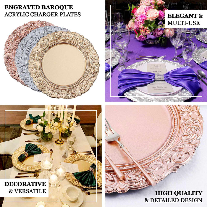 6 Pack 14" Dusty Blue Vintage Acrylic Serving Plates With Engraved Baroque Rim, Round Disposable Charger Plates