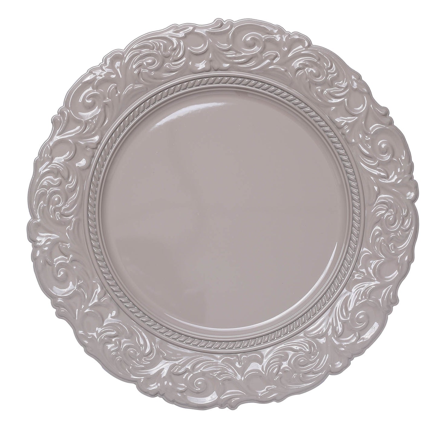 6 Pack | 14inch Taupe Vintage Plastic Serving Plates With Engraved Baroque Rim#whtbkgd