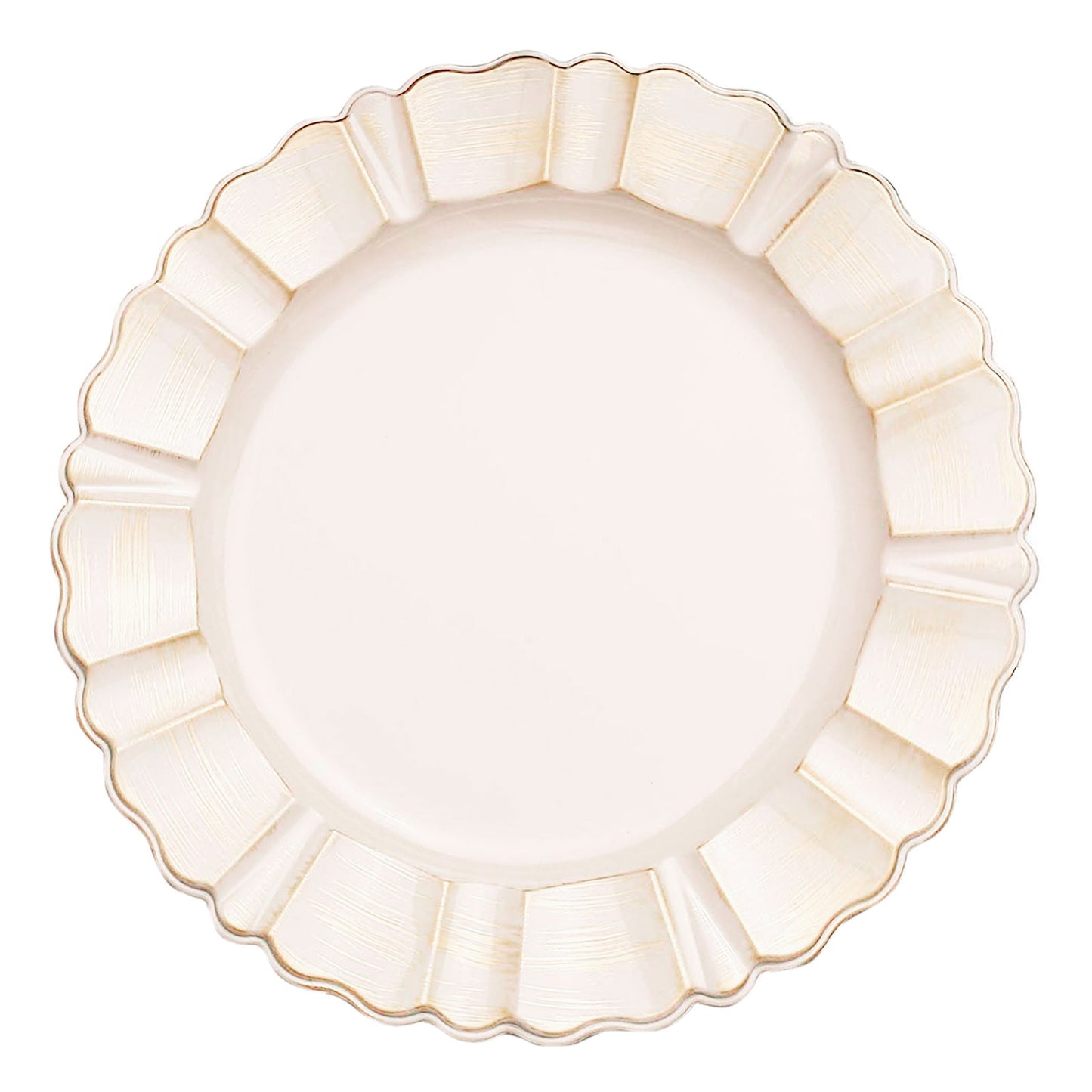 6 Pack | 13" Beige Acrylic Plastic Dinner Plate Chargers With Gold Brushed Wavy Scalloped Rim