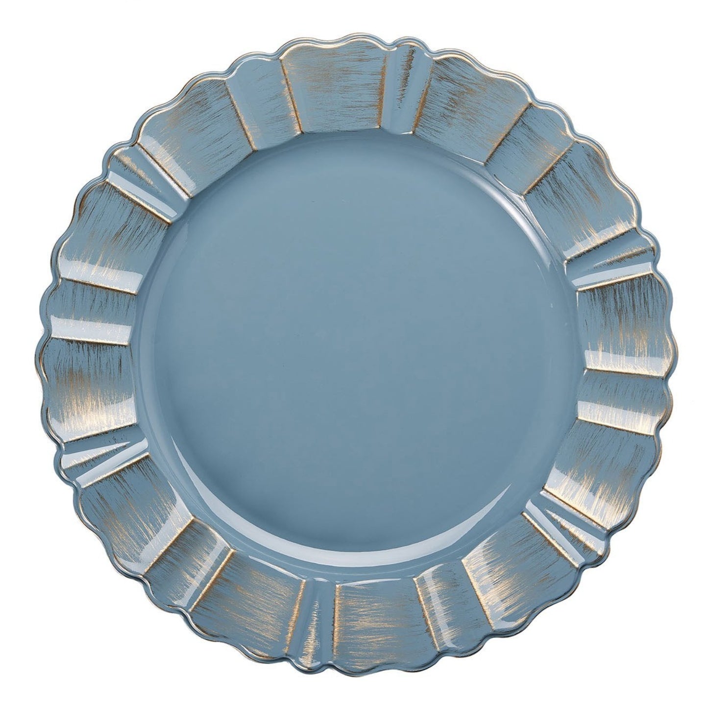 6 Pack | 13inch Round Dusty Blue Acrylic Plastic Charger Plates With Gold Brushed Wavy Scalloped Rim#whtbkgd