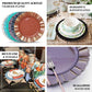 Gold round acrylic dinner plate charger with wavy scalloped rim.