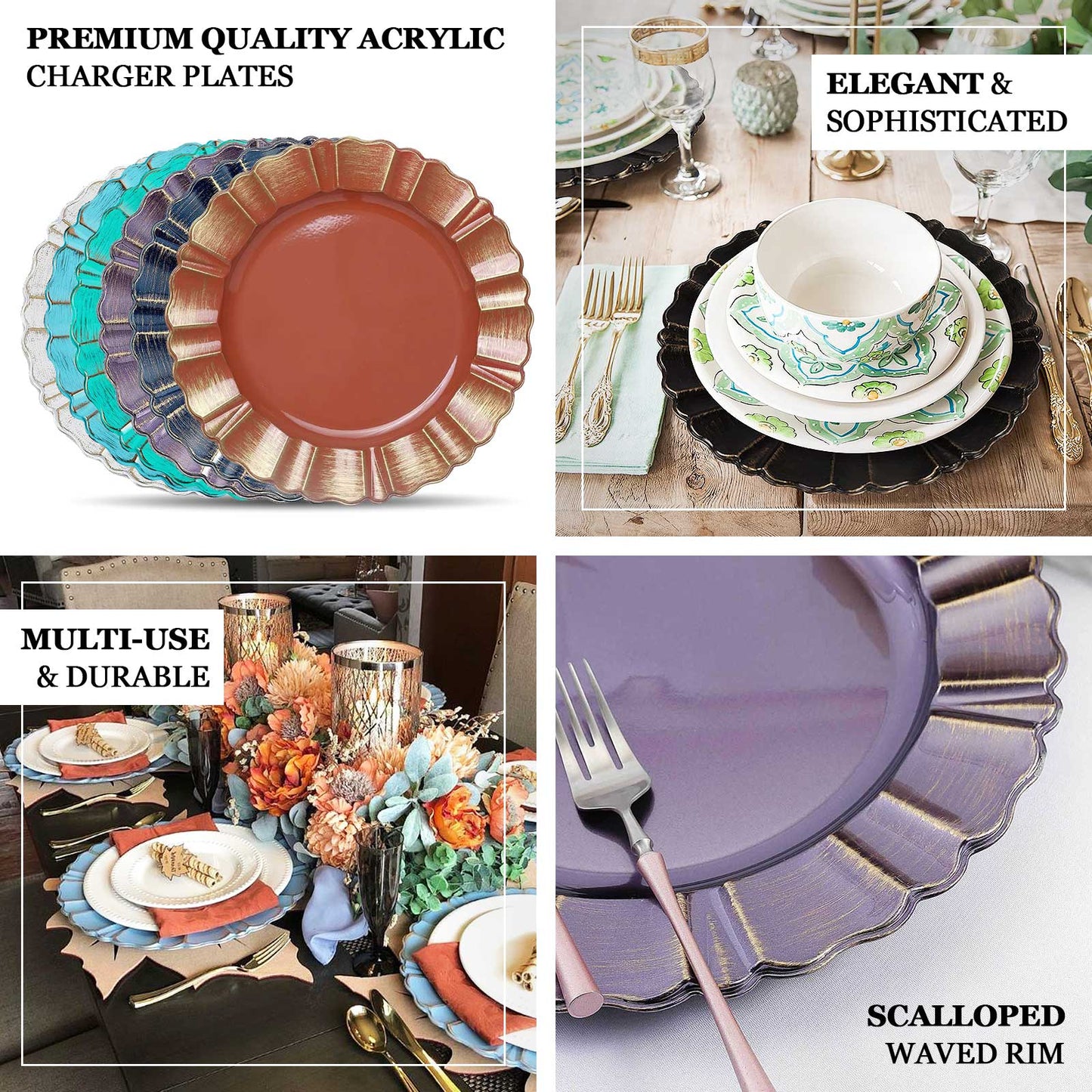 Gold round acrylic dinner plate charger with wavy scalloped rim.