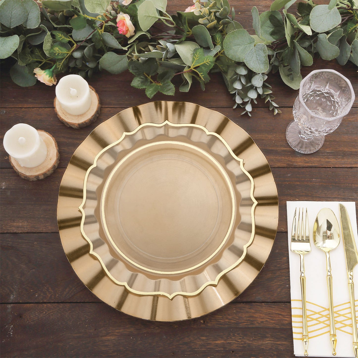 6 Pack 13" Round Gold Acrylic Plastic Dinner Plate Chargers With Wavy Scalloped Rim
