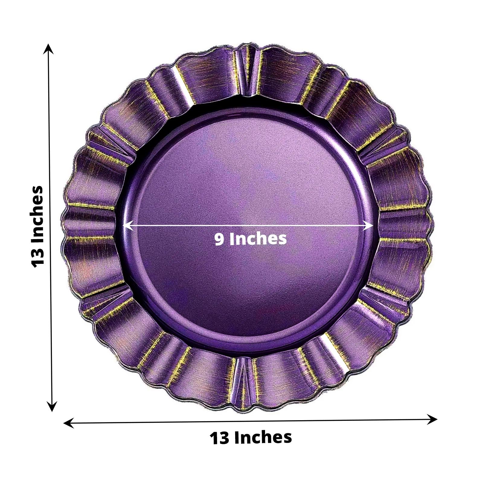 Purple Round Acrylic Plastic Charger Plates with Gold Brushed Wavy Scalloped Rim 13 Inch in 6 Pack