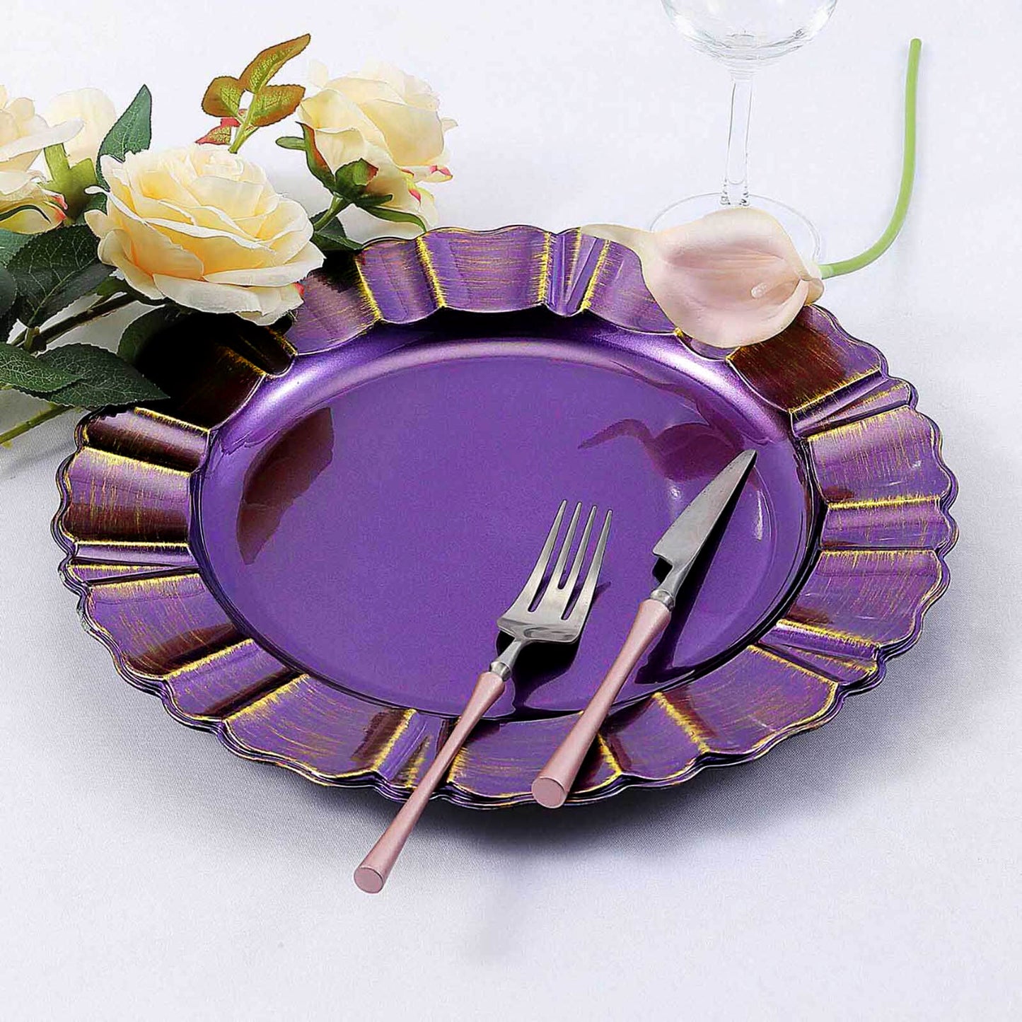 Purple Round Acrylic Plastic Charger Plates with Gold Brushed Wavy Scalloped Rim 13 Inch in 6 Pack