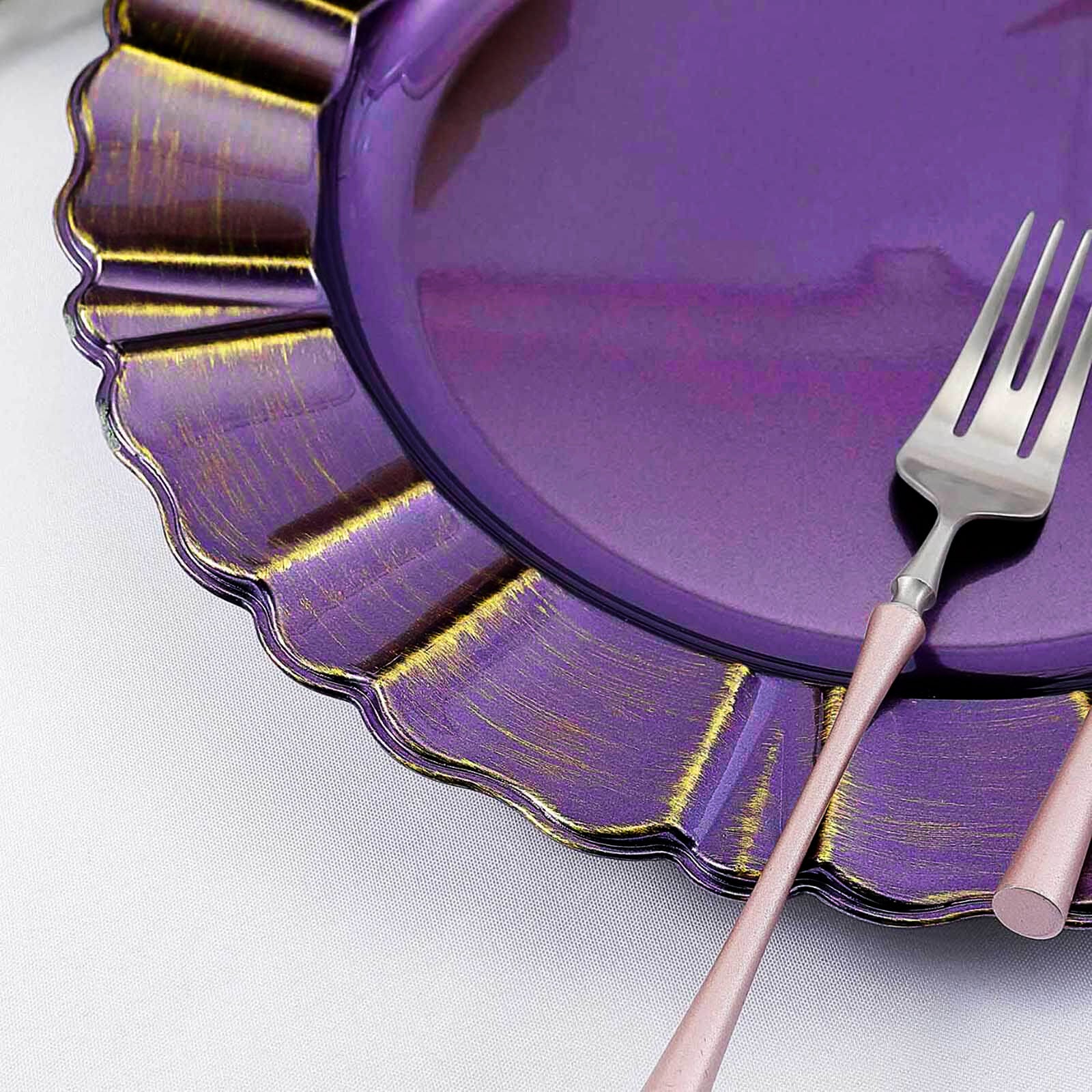 Purple Round Acrylic Plastic Charger Plates with Gold Brushed Wavy Scalloped Rim 13 Inch in 6 Pack