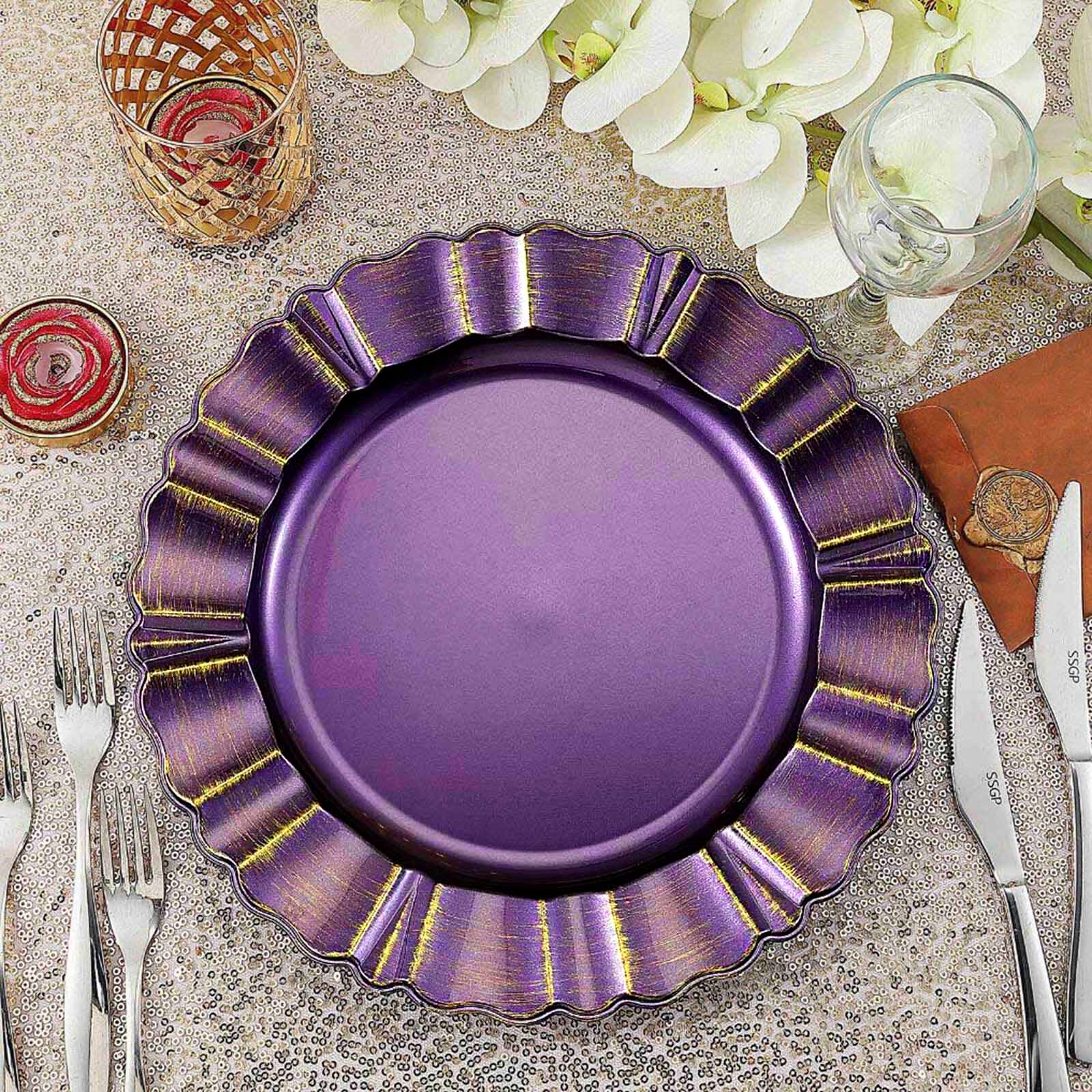 Purple Round Acrylic Plastic Charger Plates with Gold Brushed Wavy Scalloped Rim 13 Inch in 6 Pack