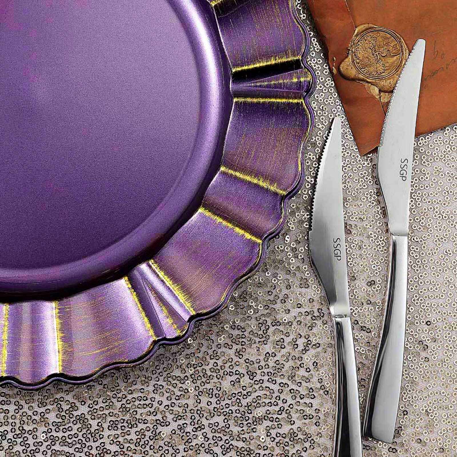 Purple Round Acrylic Plastic Charger Plates with Gold Brushed Wavy Scalloped Rim 13 Inch in 6 Pack