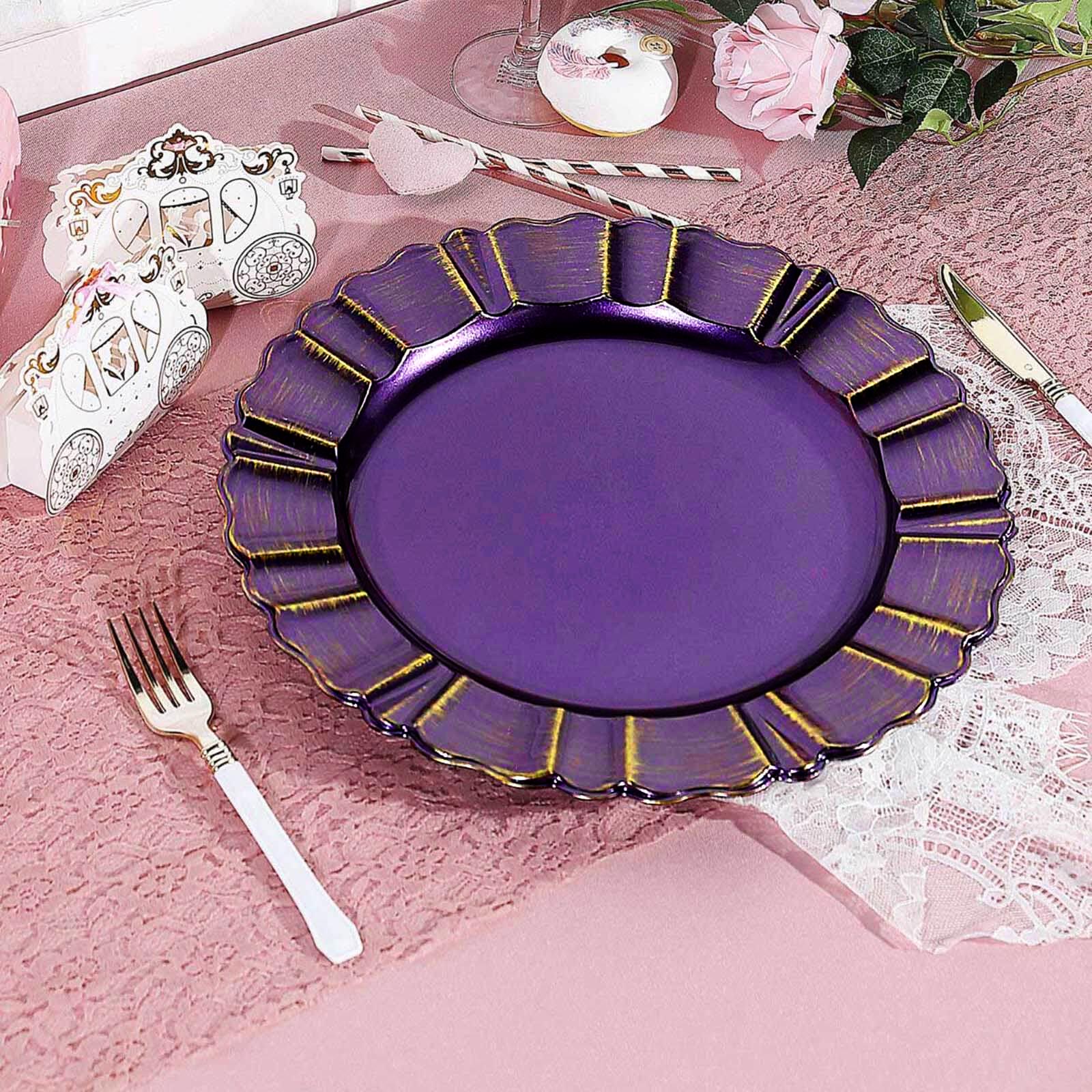 Purple Round Acrylic Plastic Charger Plates with Gold Brushed Wavy Scalloped Rim 13 Inch in 6 Pack