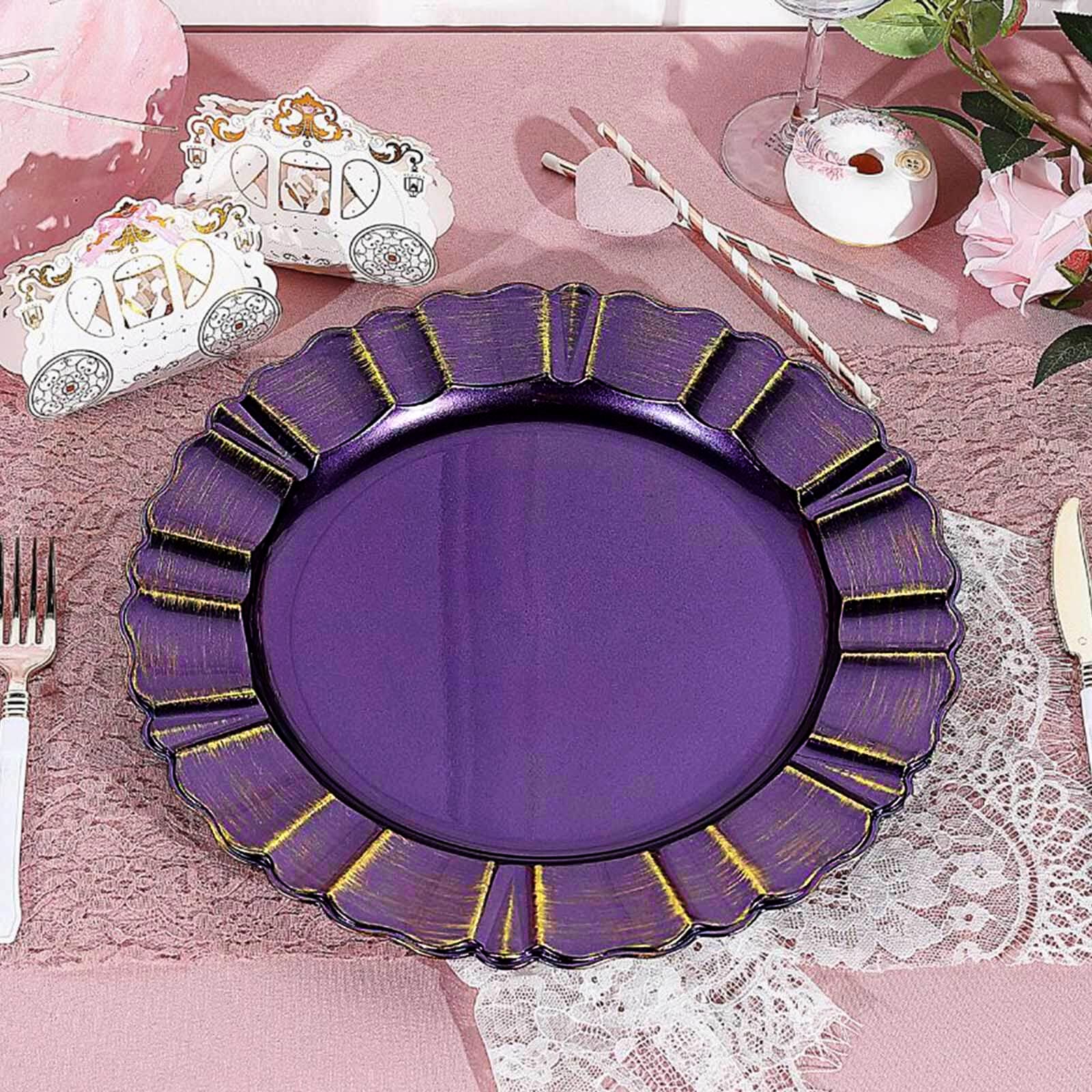 Purple Round Acrylic Plastic Charger Plates with Gold Brushed Wavy Scalloped Rim 13 Inch in 6 Pack