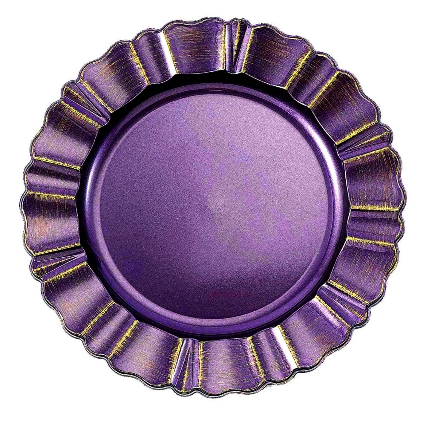 Purple Round Acrylic Plastic Charger Plates with Gold Brushed Wavy Scalloped Rim 13 Inch in 6 Pack#whtbkgd