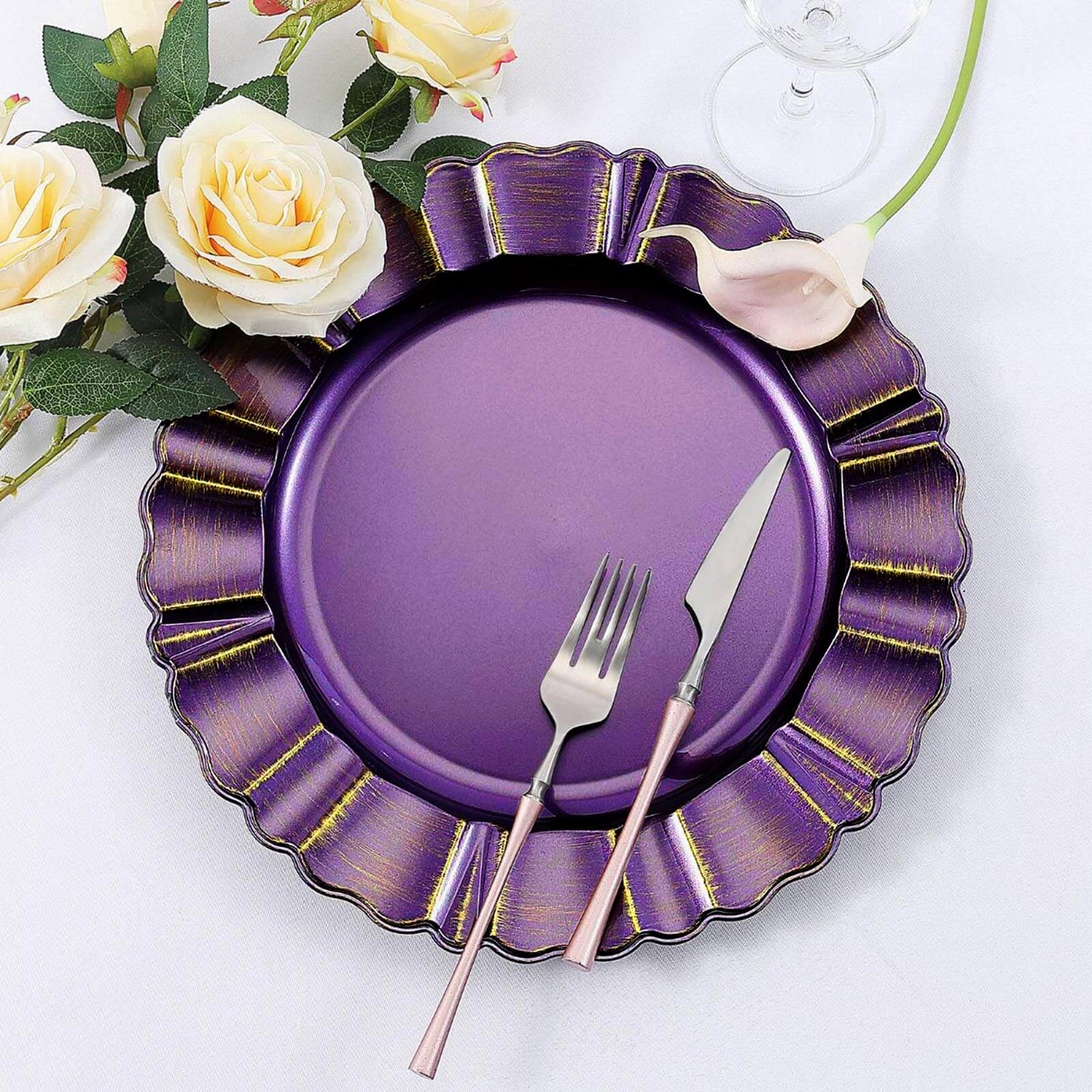 Purple Round Acrylic Plastic Charger Plates with Gold Brushed Wavy Scalloped Rim 13 Inch in 6 Pack