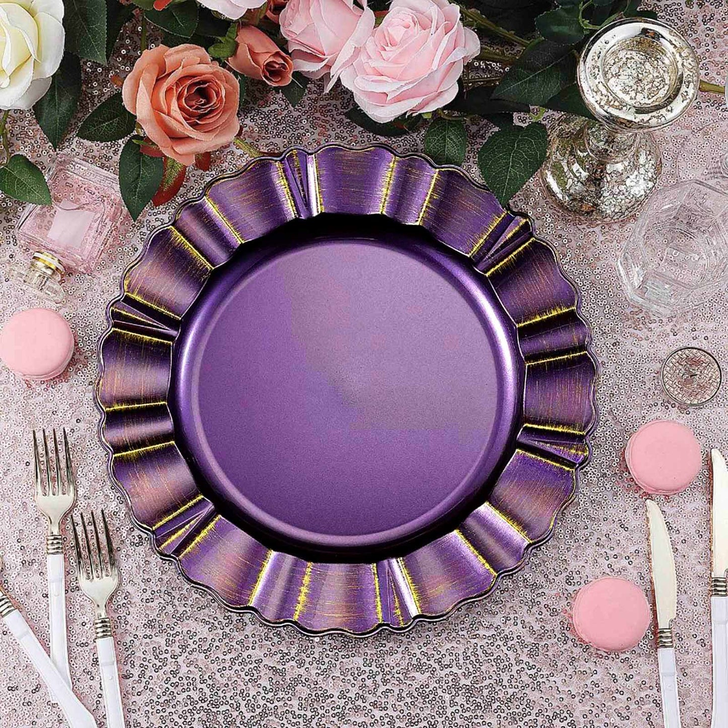 Purple Round Acrylic Plastic Charger Plates with Gold Brushed Wavy Scalloped Rim 13 Inch in 6 Pack