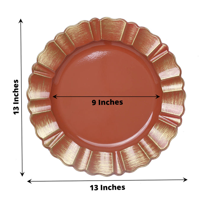 6 Pack 13" Round Terracotta (Rust) Acrylic Plastic Charger Plates With Gold Brushed Wavy Scalloped Rim