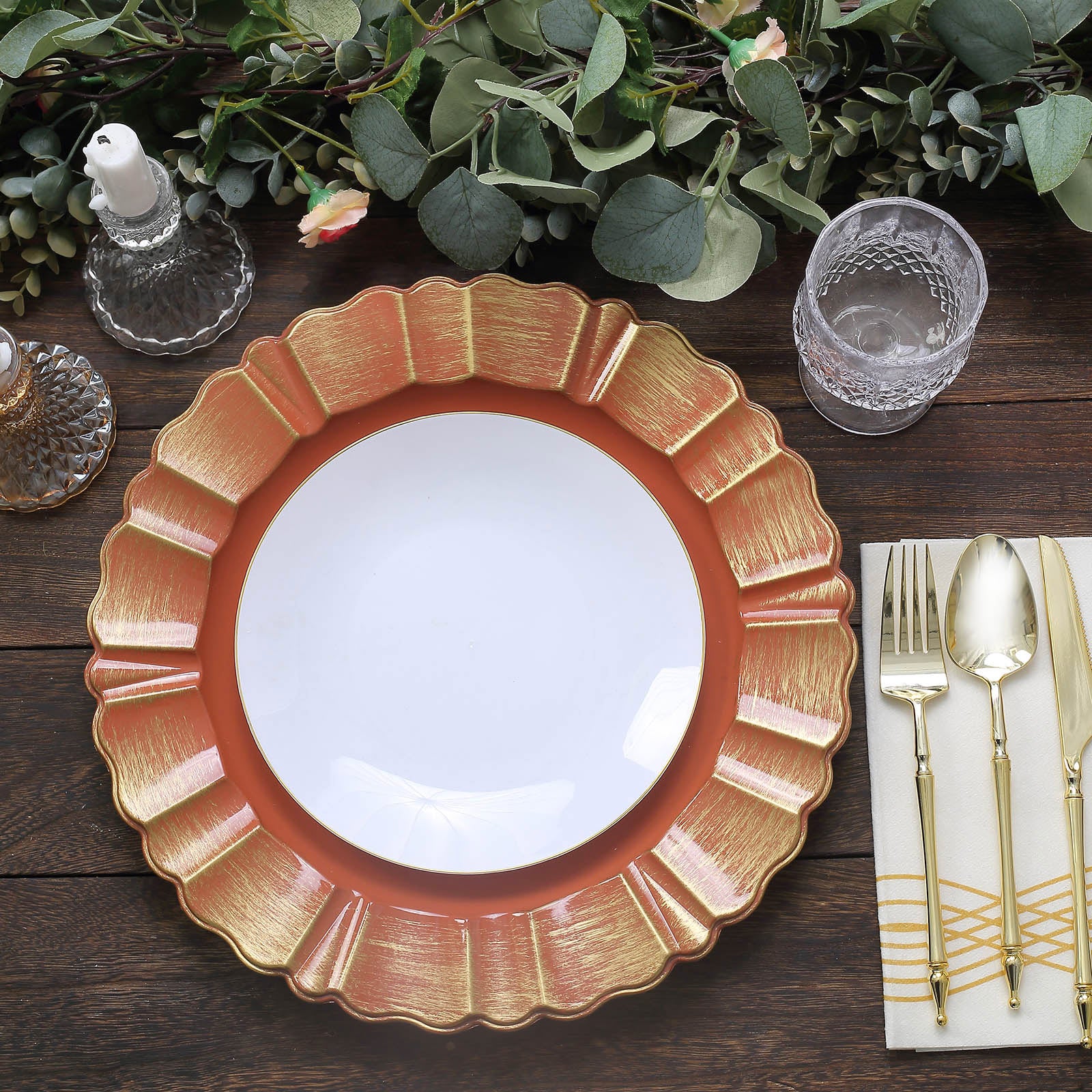 6 Pack | 13inch Round Terracotta Acrylic Plastic Dinner Plate Chargers With Gold Brushed