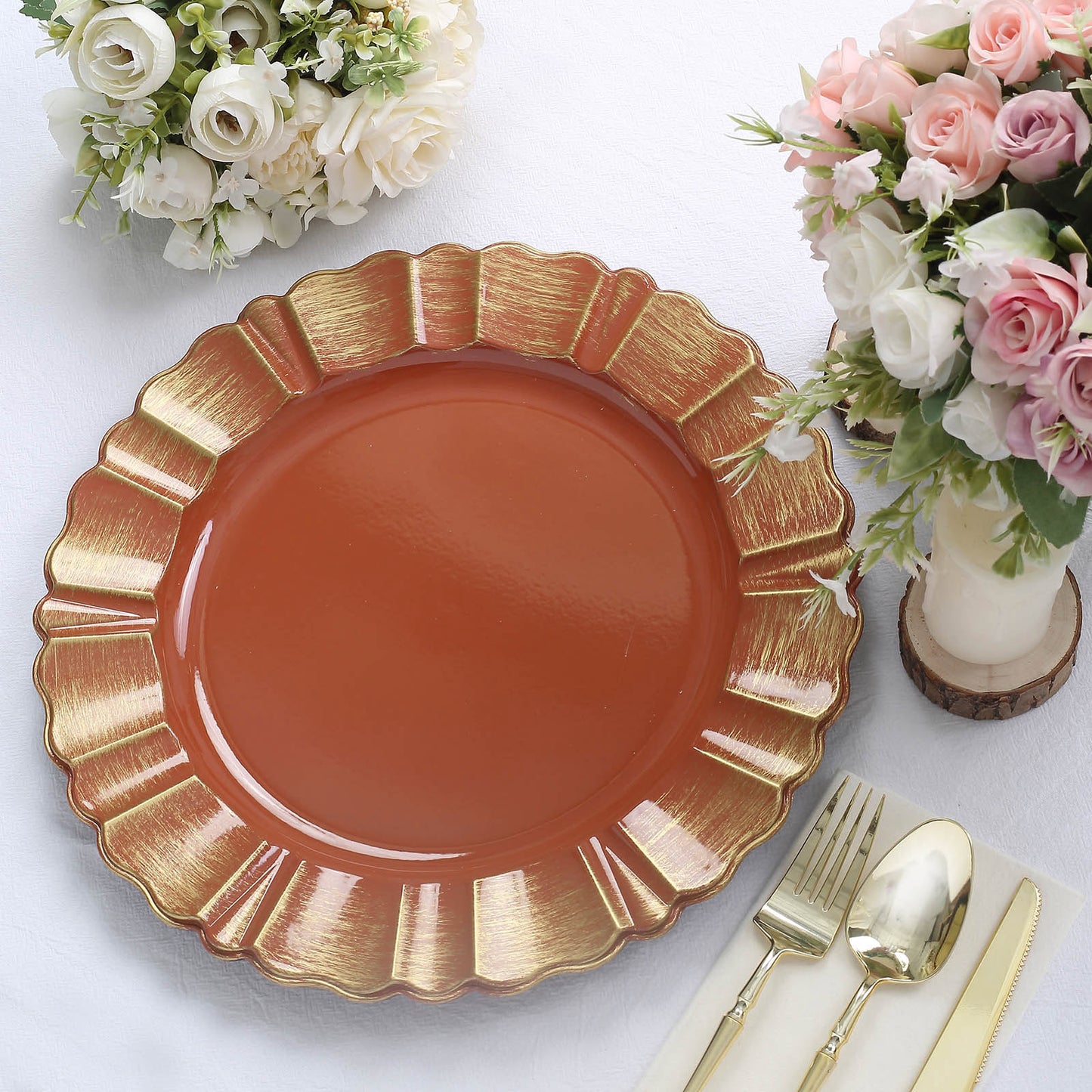 6 Pack 13" Round Terracotta (Rust) Acrylic Plastic Charger Plates With Gold Brushed Wavy Scalloped Rim