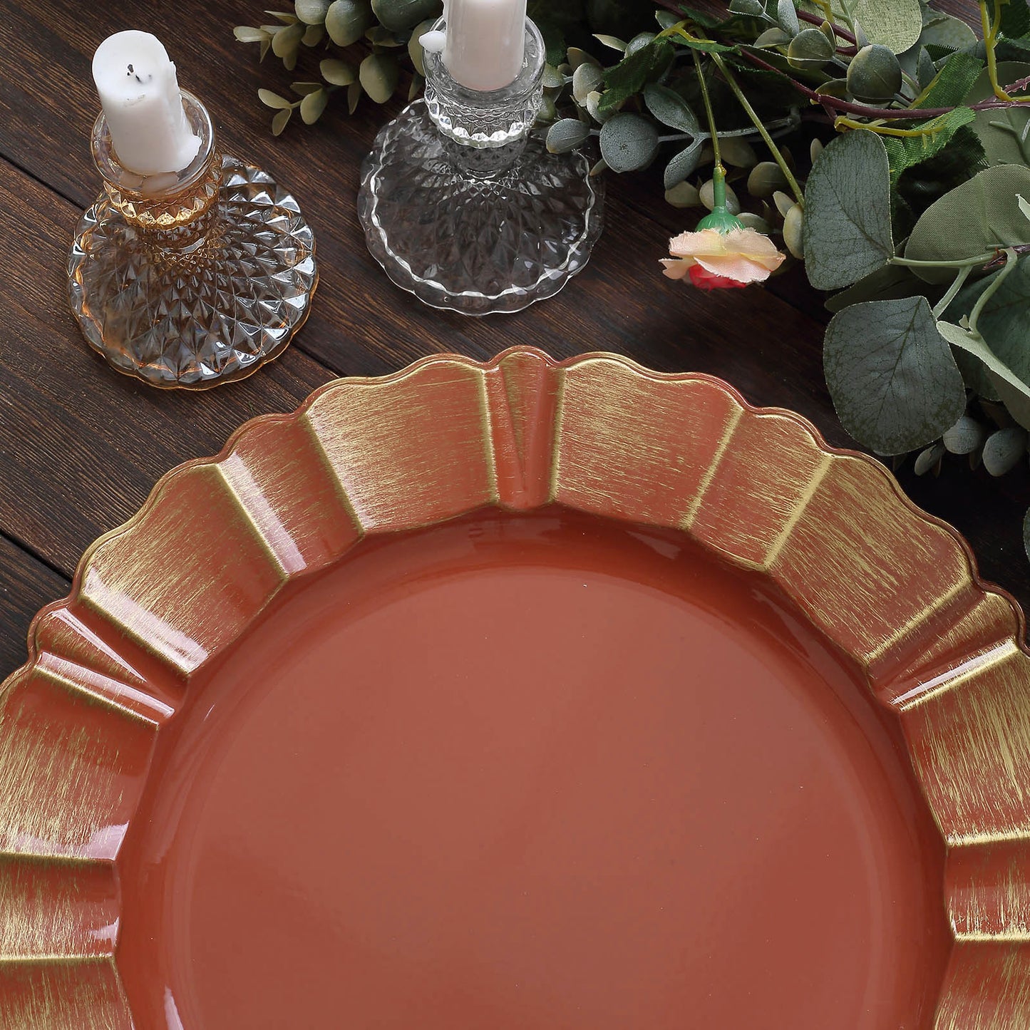 6 Pack 13" Round Terracotta (Rust) Acrylic Plastic Charger Plates With Gold Brushed Wavy Scalloped Rim