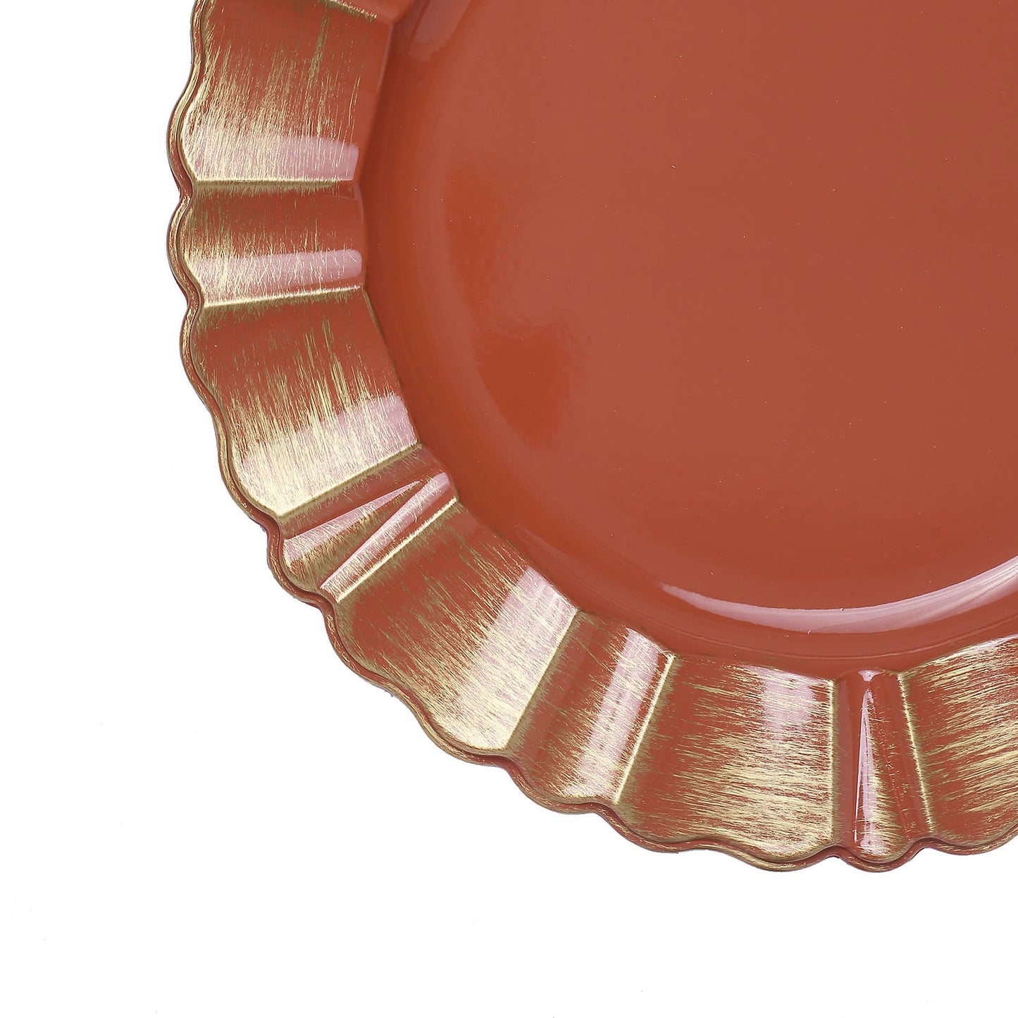 6 Pack 13" Round Terracotta (Rust) Acrylic Plastic Charger Plates With Gold Brushed Wavy Scalloped Rim
