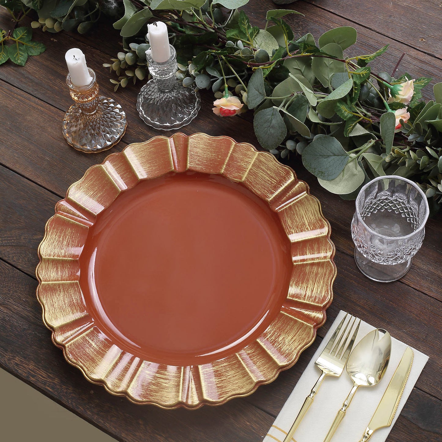 6 Pack | 13inch Round Terracotta Acrylic Plastic Dinner Plate Chargers With Gold Brushed