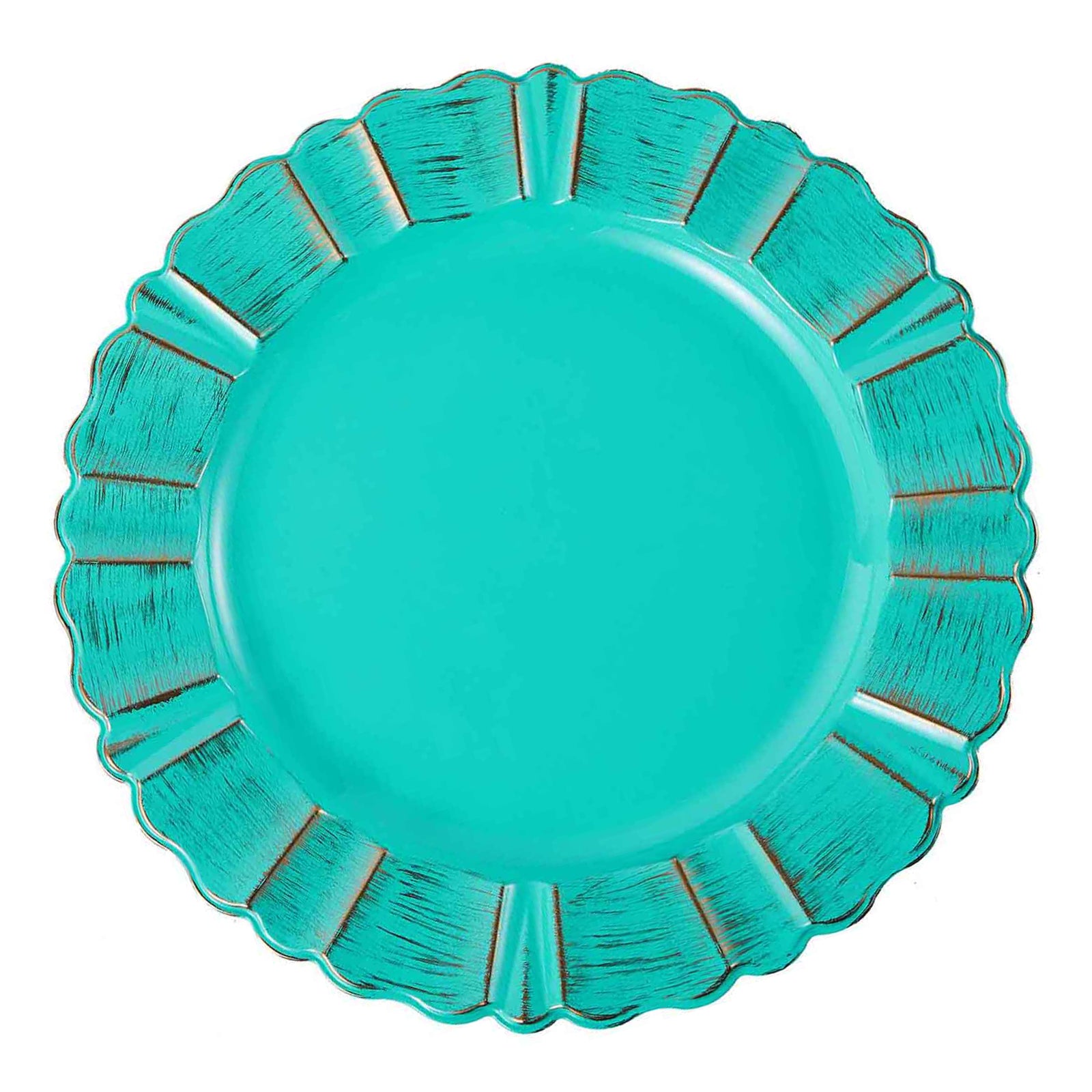 Gold Brushed Scalloped Border On Round Charger Plate In Turquoise 13 Inch#whtbkgd