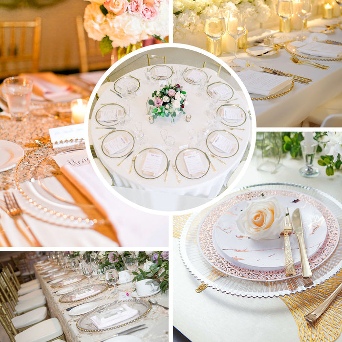 Clear wavy gold rim acrylic charger plates on elegant dining tables.