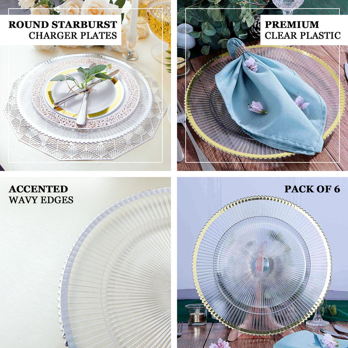 Clear sunray wavy gold rim acrylic charger plates, round, pack of 6.