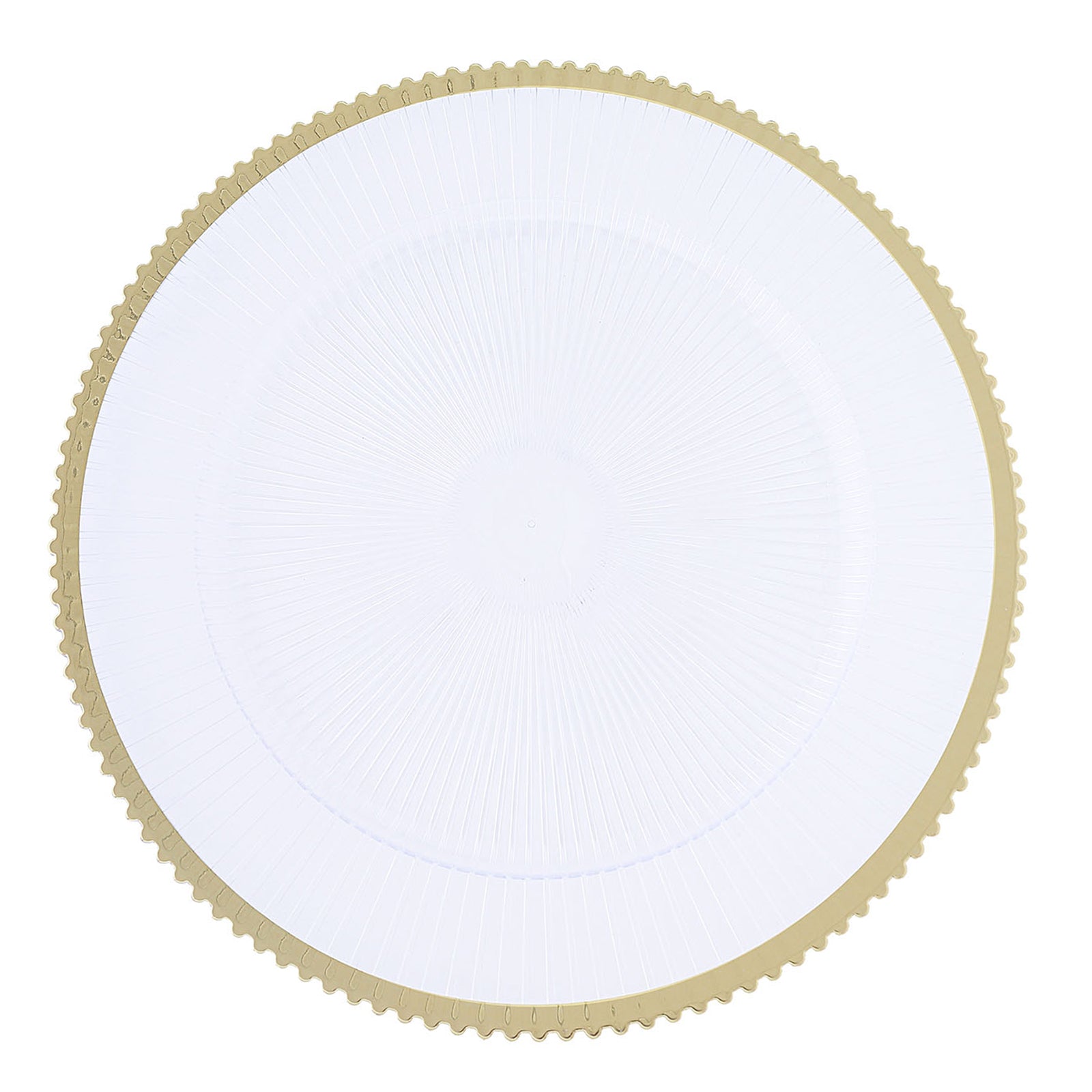 Clear wavy charger plate with a gold rim, round shape, 13 inches.