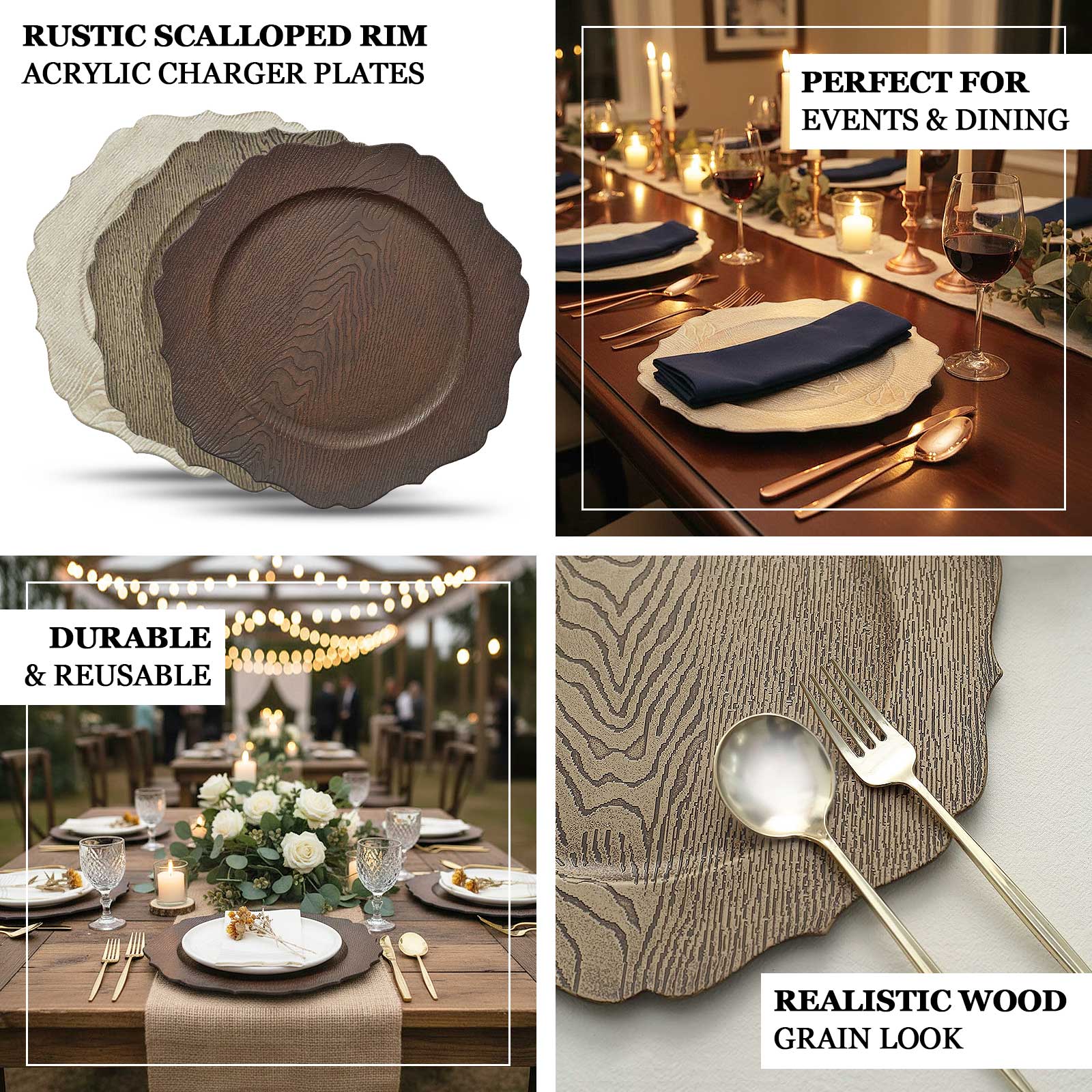6 Pack | 13" Rustic Embossed Wood Grain Acrylic Charger Plates with Scalloped Rim