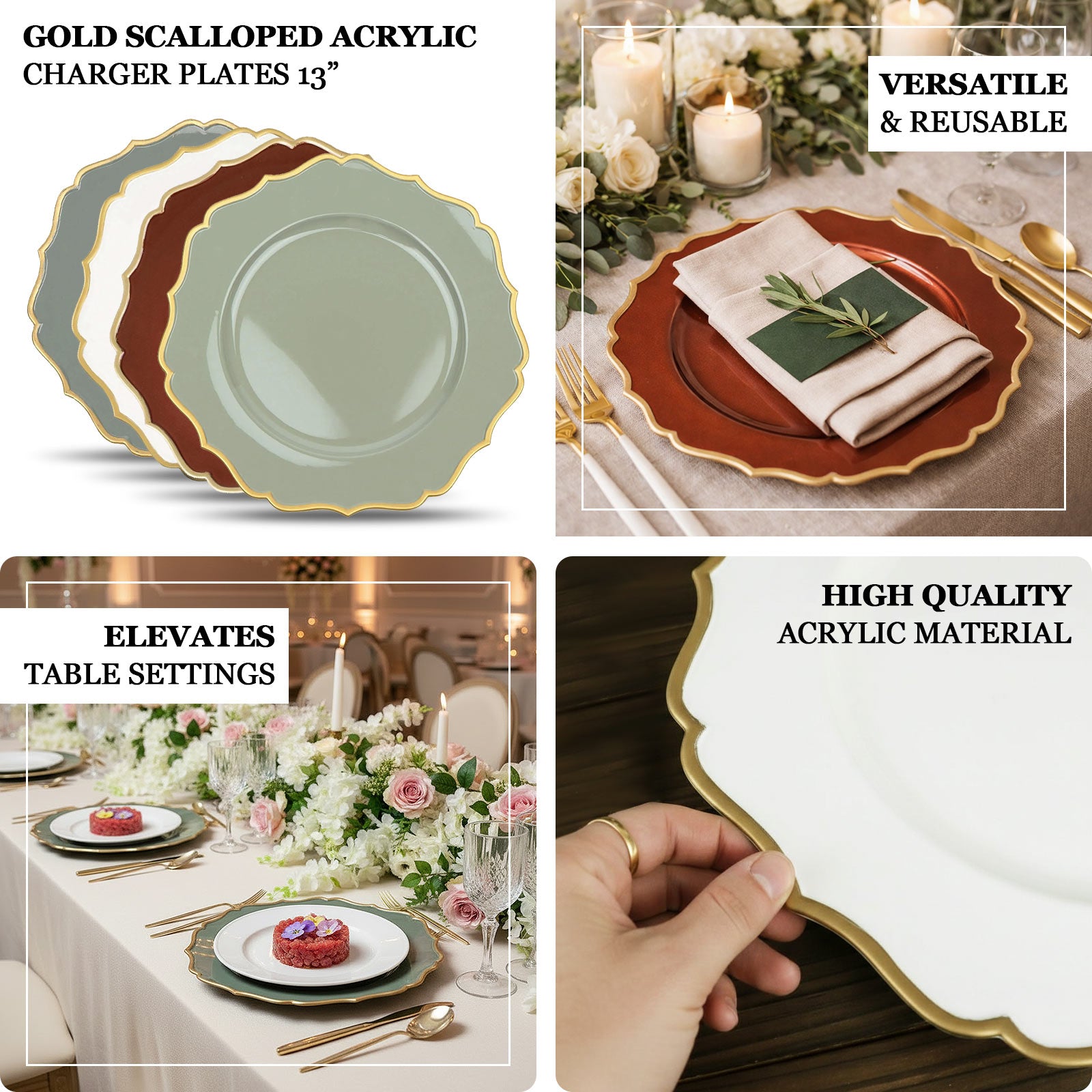 6 Pack 13" Scalloped Rim Acrylic Charger Plates, Round Plastic Charger Plates