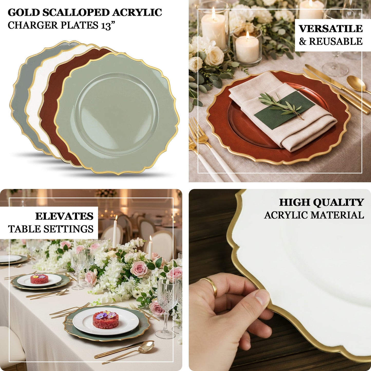 6 Pack 13" Scalloped Rim Acrylic Charger Plates, Round Plastic Charger Plates