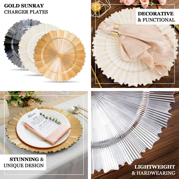 Metallic silver sunray acrylic charger plates with scalloped rim.