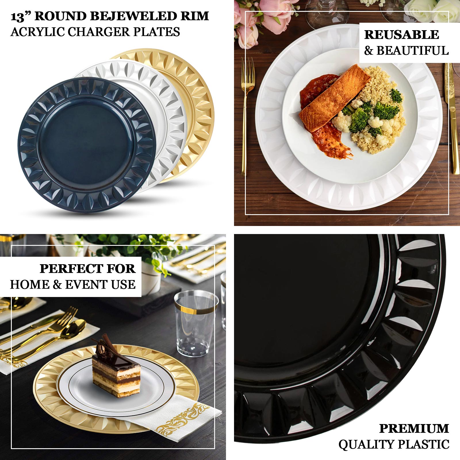 Black 13" round bejeweled rim plastic dinner serving tray, disposable charger plate.