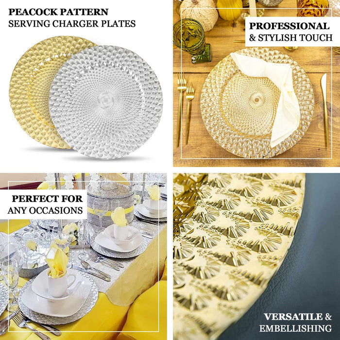 6 Pack | 13" Gold Peacock Pattern Plastic Serving Plates, Round Disposable Charger Plates