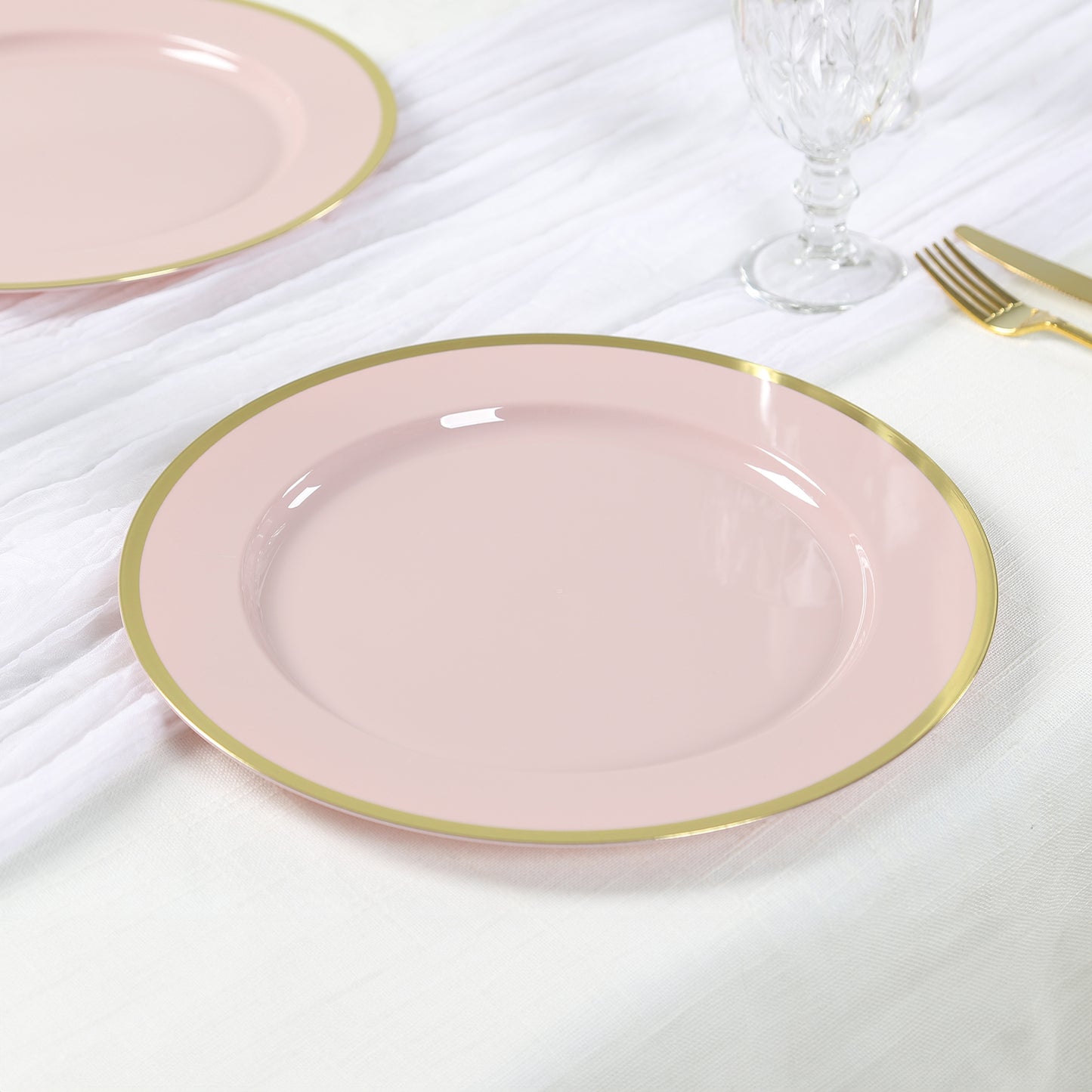 10 Pack Blush Economy Plastic Charger Plates With Gold Rim, 12" Round Dinner Chargers Event Tabletop Decor