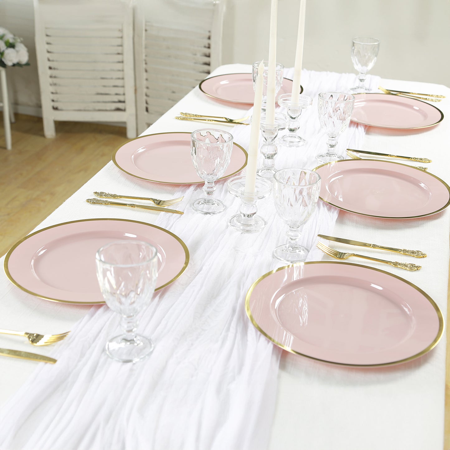 10 Pack Blush Economy Plastic Charger Plates With Gold Rim, 12" Round Dinner Chargers Event Tabletop Decor