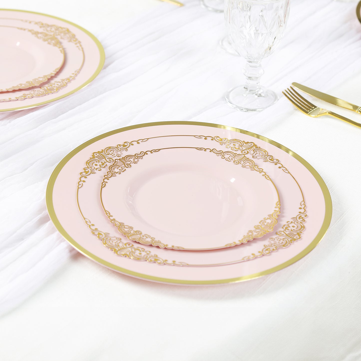 10 Pack Blush Economy Plastic Charger Plates With Gold Rim, 12" Round Dinner Chargers Event Tabletop Decor