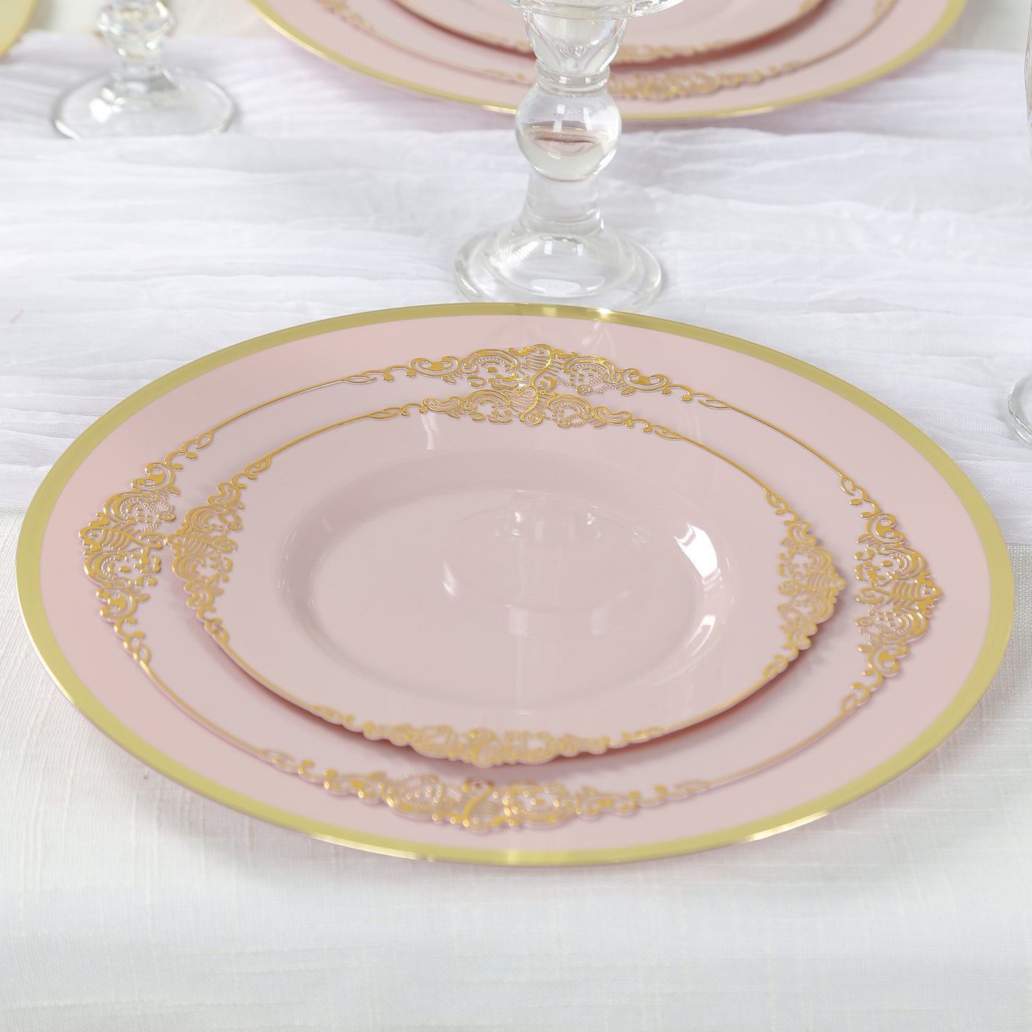 10 Pack Blush Economy Plastic Charger Plates With Gold Rim, 12" Round Dinner Chargers Event Tabletop Decor